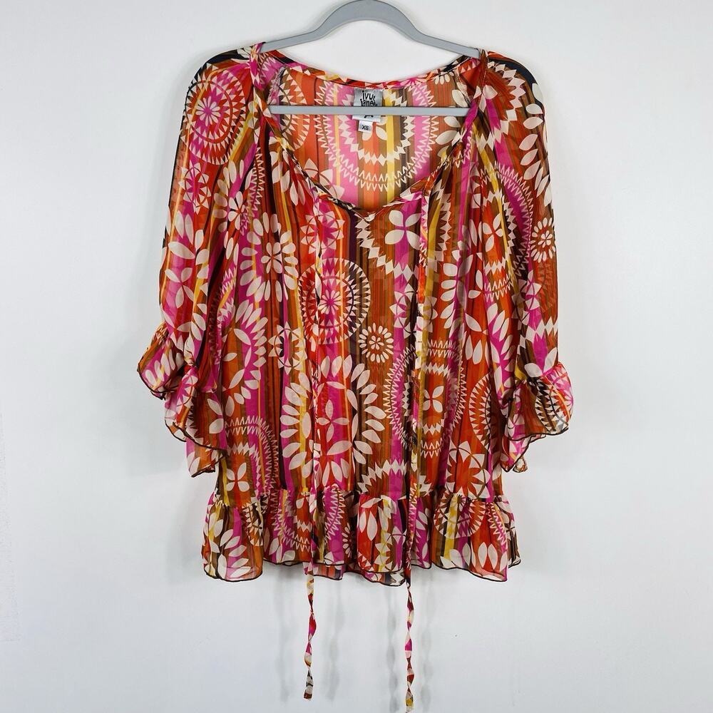 Ivy Jane Top XS Tie Front Printed Sheer 3/4 Sleeve Boho Casual